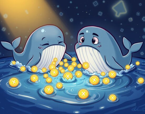 A cartoon illustration showing XRP whales exerting selling pressure on the XRP price, threatening the $3 support level.