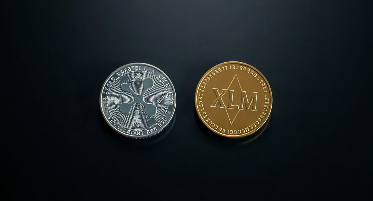 XRP and XLM digital tokens on a dark surface, symbolizing support levels and market analysis
