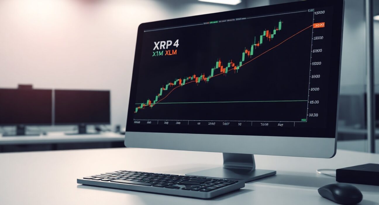 Trading screen showing XRP and XLM price charts with steady uptrend