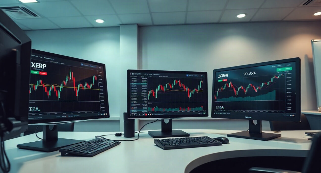 Cryptocurrency price charts on trading monitors for XRP, Zcash, and Solana