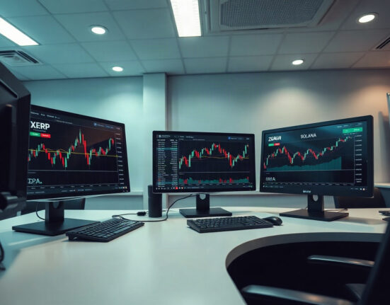 Cryptocurrency price charts on trading monitors for XRP, Zcash, and Solana
