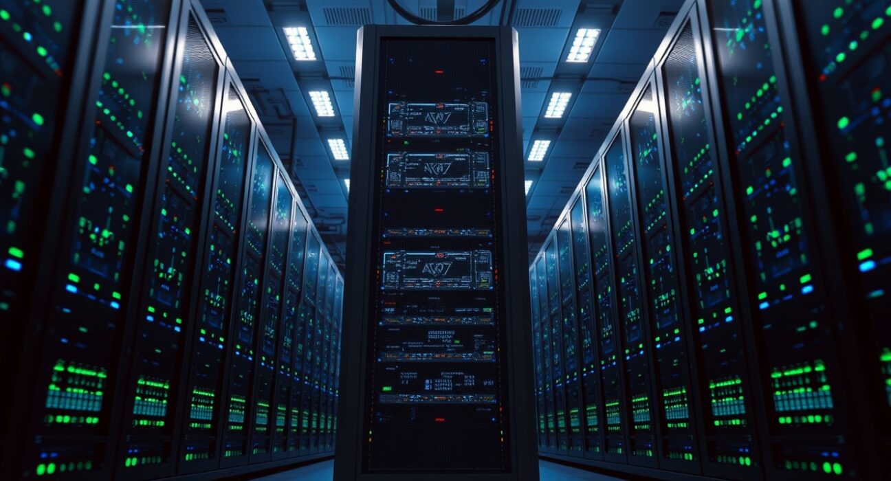 A secure data center with glowing server racks, representing the XRPL network's security infrastructure.