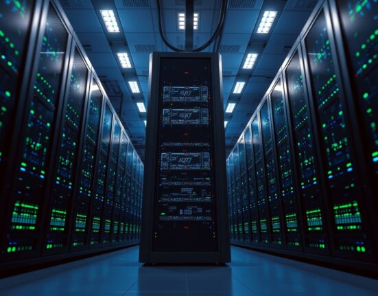 A secure data center with glowing server racks, representing the XRPL network's security infrastructure.