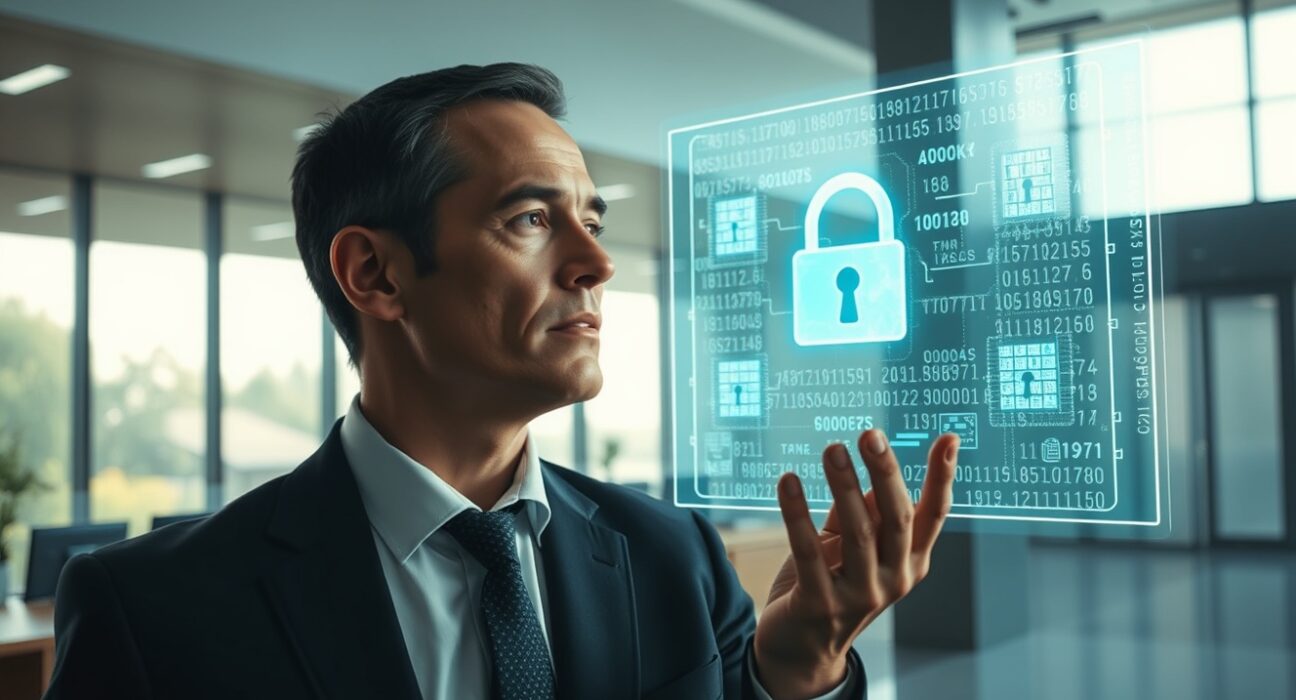 Professional reviewing encrypted data on a digital display in a modern office, representing XRPL's Confidential Transfers upgrade.
