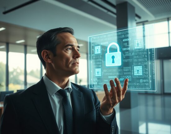 Professional reviewing encrypted data on a digital display in a modern office, representing XRPL's Confidential Transfers upgrade.