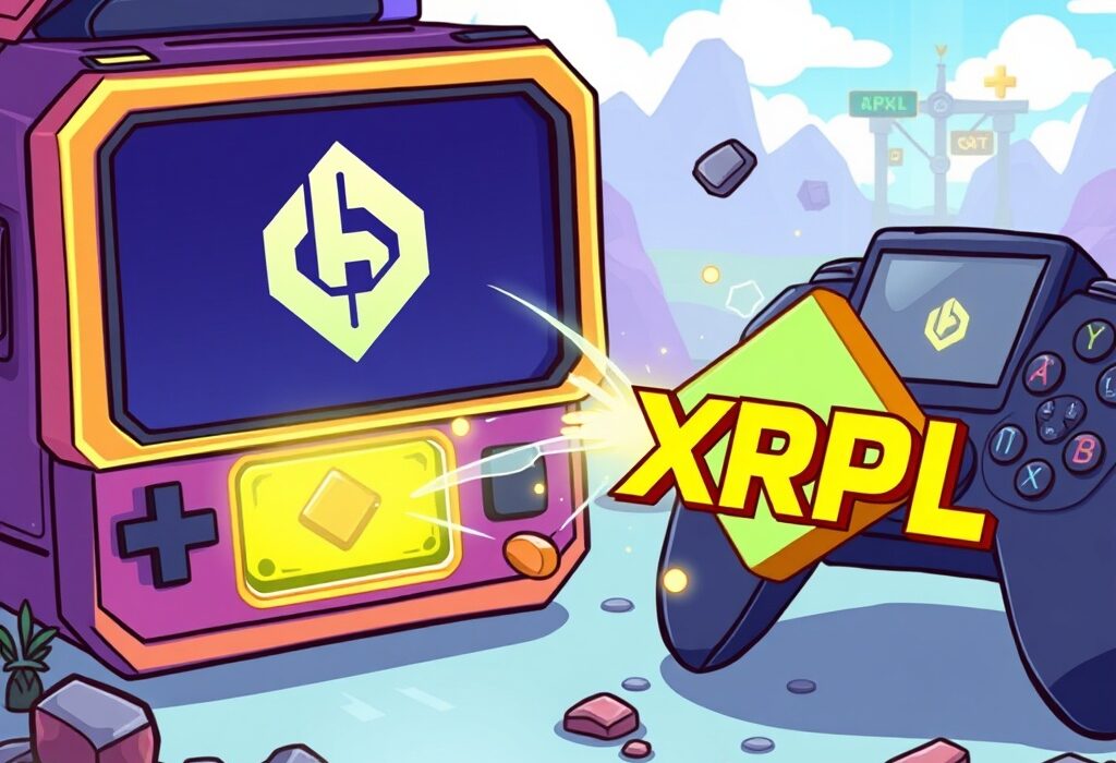 Cartoon illustration showing the XRPL Game Chain connecting B3 and XRP Ledger, symbolizing a new era for blockchain gaming.