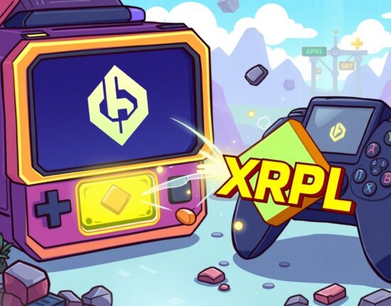 Cartoon illustration showing the XRPL Game Chain connecting B3 and XRP Ledger, symbolizing a new era for blockchain gaming.