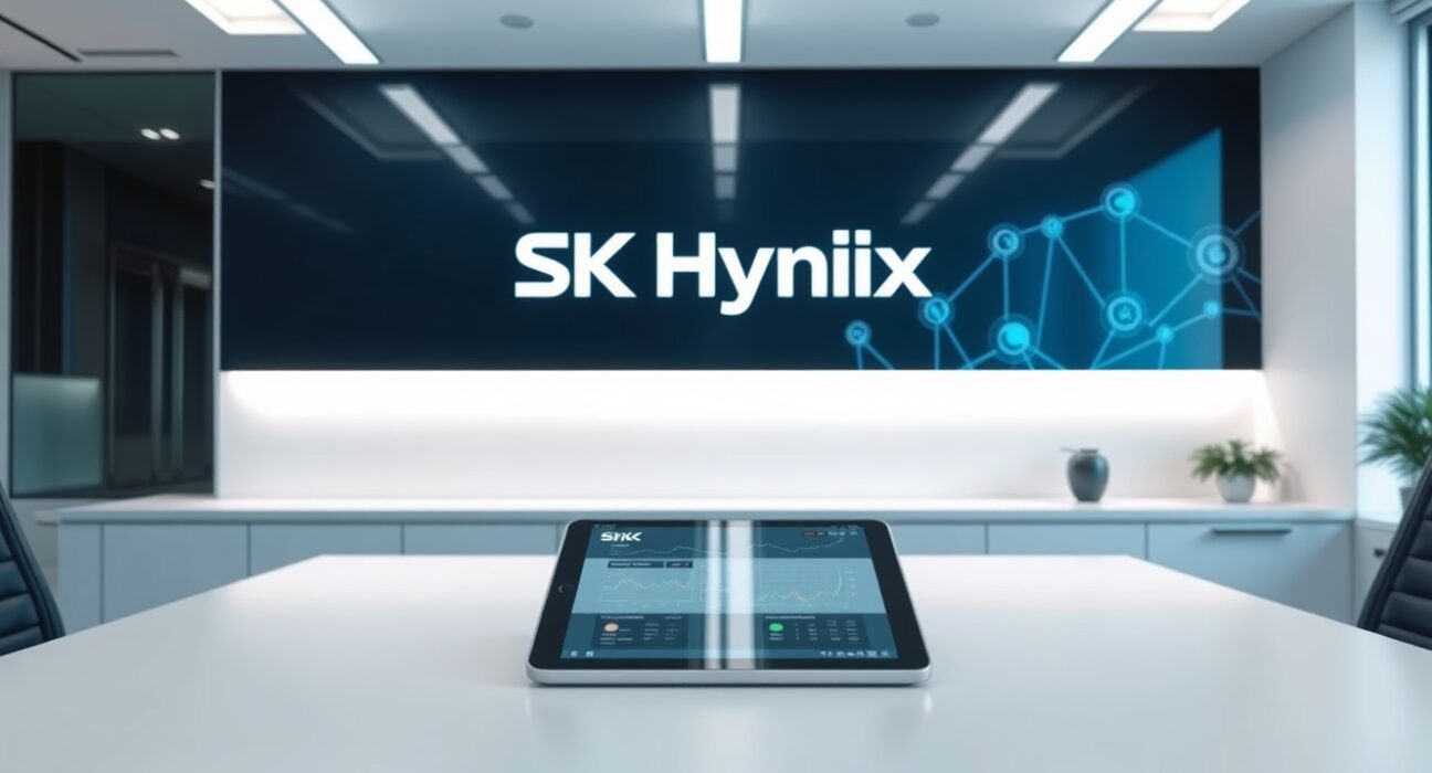 Digital display showing SK Hynix logo and blockchain network in modern office setting