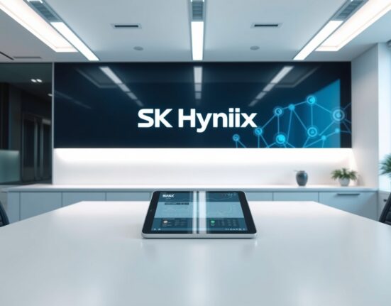 Digital display showing SK Hynix logo and blockchain network in modern office setting