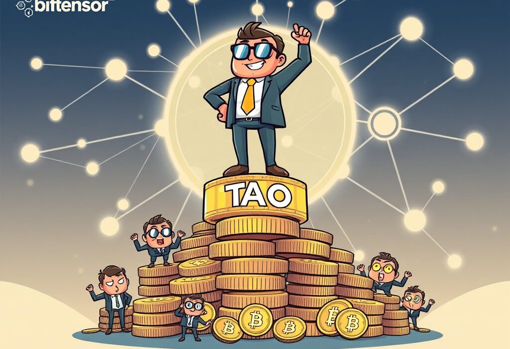 A cartoon illustration showing xTAO's leading position in TAO holdings within the Bittensor ecosystem, symbolizing significant crypto investment and TAO holdings.
