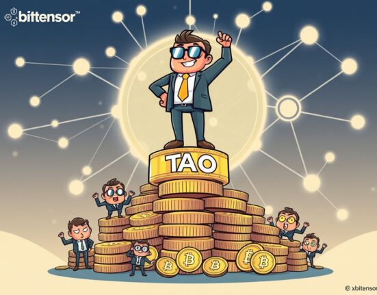 A cartoon illustration showing xTAO's leading position in TAO holdings within the Bittensor ecosystem, symbolizing significant crypto investment and TAO holdings.