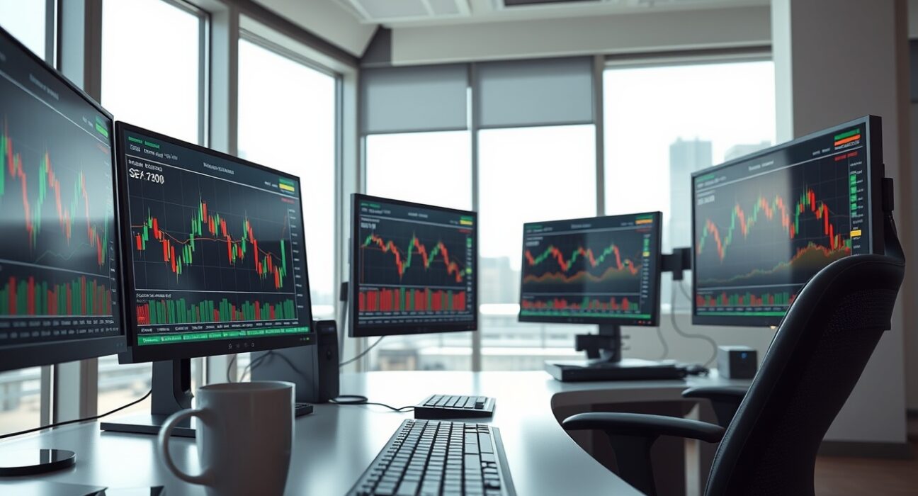 Professional trading desk with commodity price charts on multiple monitors