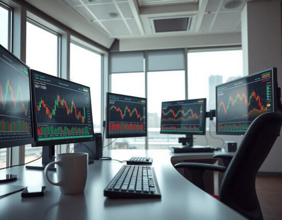 Professional trading desk with commodity price charts on multiple monitors