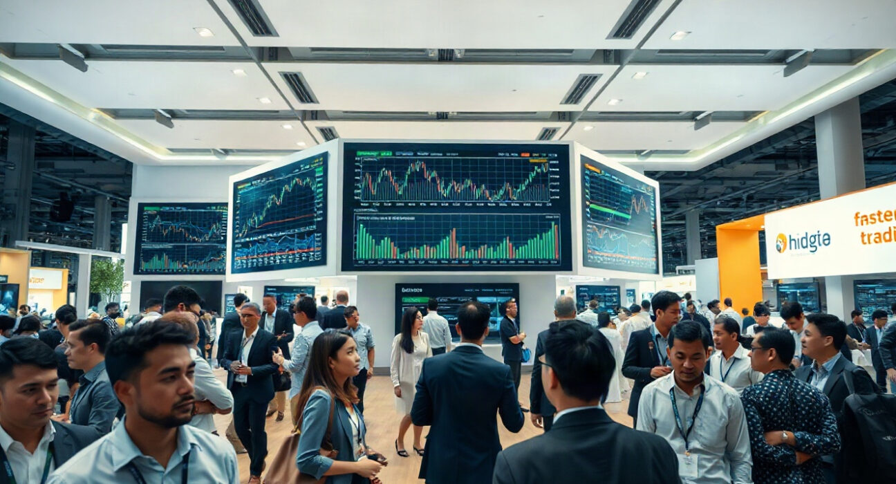 XTB Institutional booth at Forex Expo Dubai 2026 with digital trading charts on display