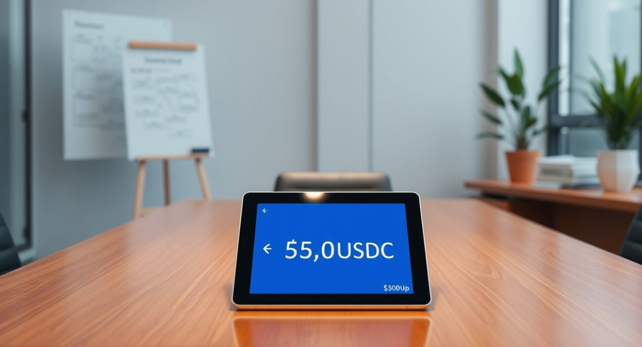 Y Combinator's stablecoin investment visualized as a USDC transaction on a tablet in a venture capital setting.