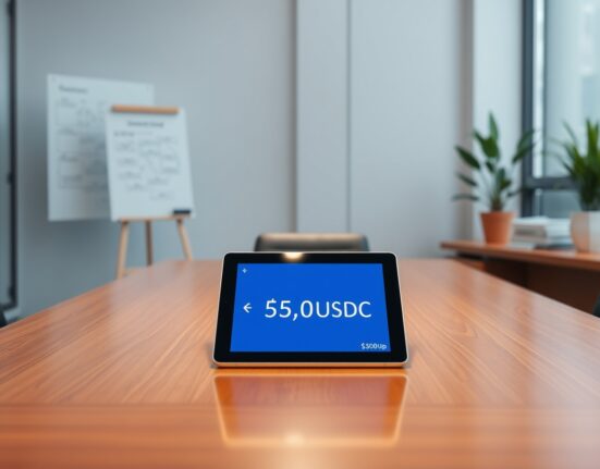 Y Combinator's stablecoin investment visualized as a USDC transaction on a tablet in a venture capital setting.