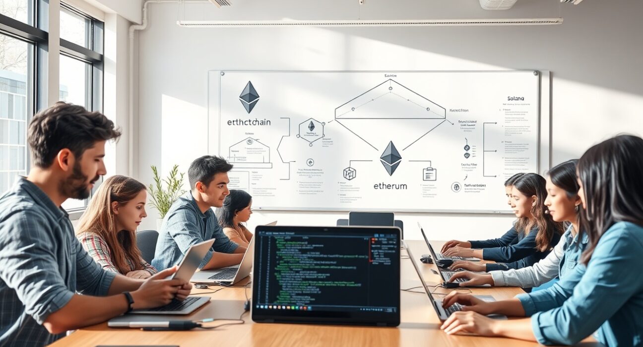 Entrepreneurs and developers working in a modern startup accelerator office with blockchain diagrams on whiteboard