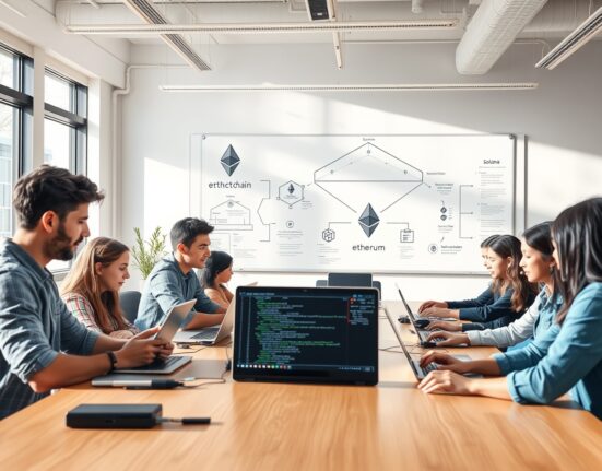 Entrepreneurs and developers working in a modern startup accelerator office with blockchain diagrams on whiteboard
