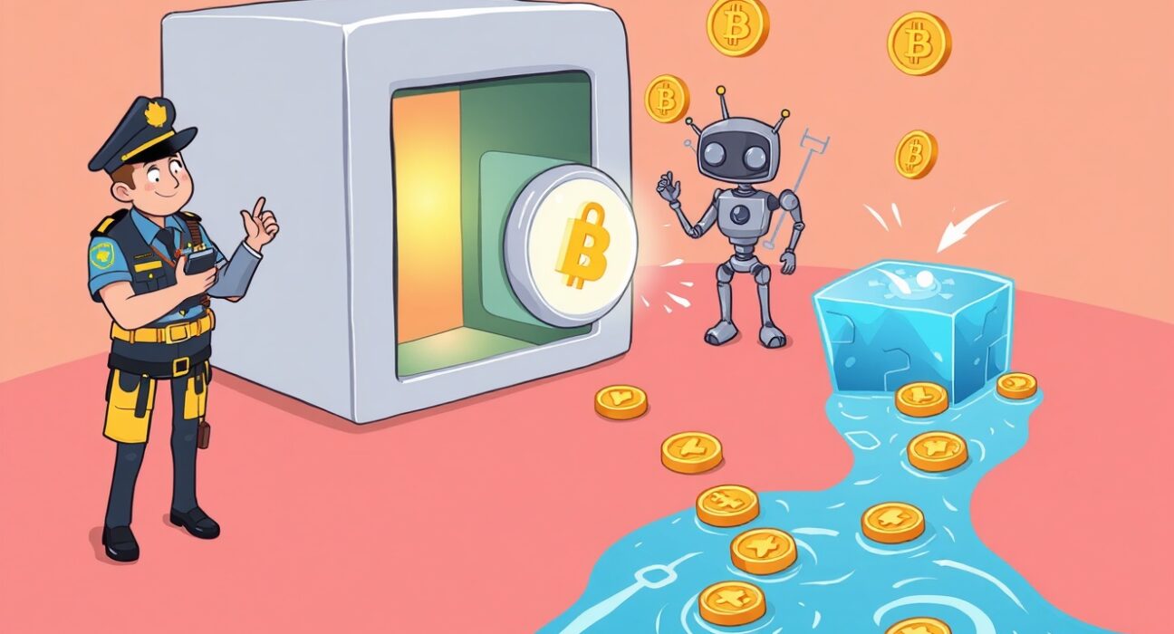 Cartoon illustration showing the successful Yala fund recovery efforts, with law enforcement securing digital assets.