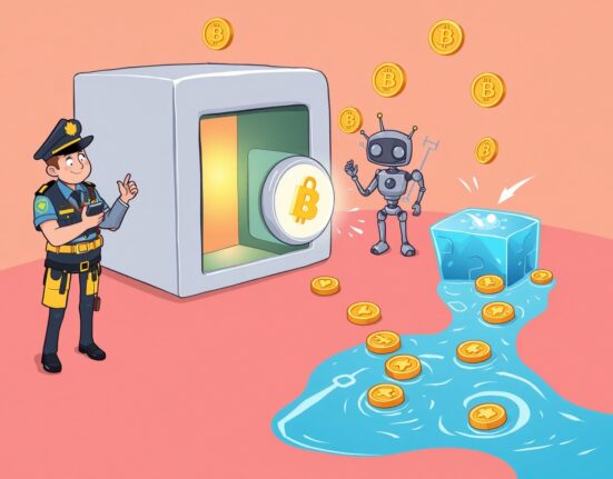 Cartoon illustration showing the successful Yala fund recovery efforts, with law enforcement securing digital assets.