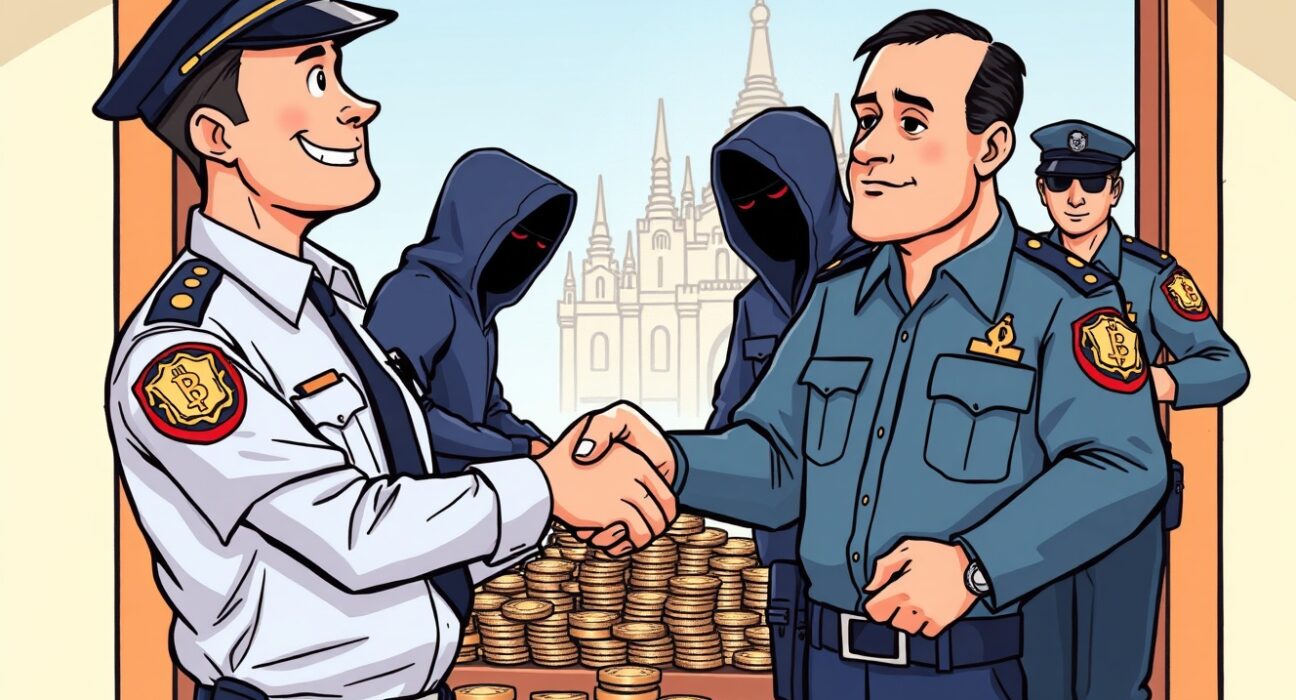 A cartoon illustration showing Bangkok police arresting the Yala hacker and recovering stolen crypto funds, highlighting a win for digital asset security.