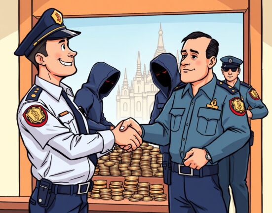 A cartoon illustration showing Bangkok police arresting the Yala hacker and recovering stolen crypto funds, highlighting a win for digital asset security.