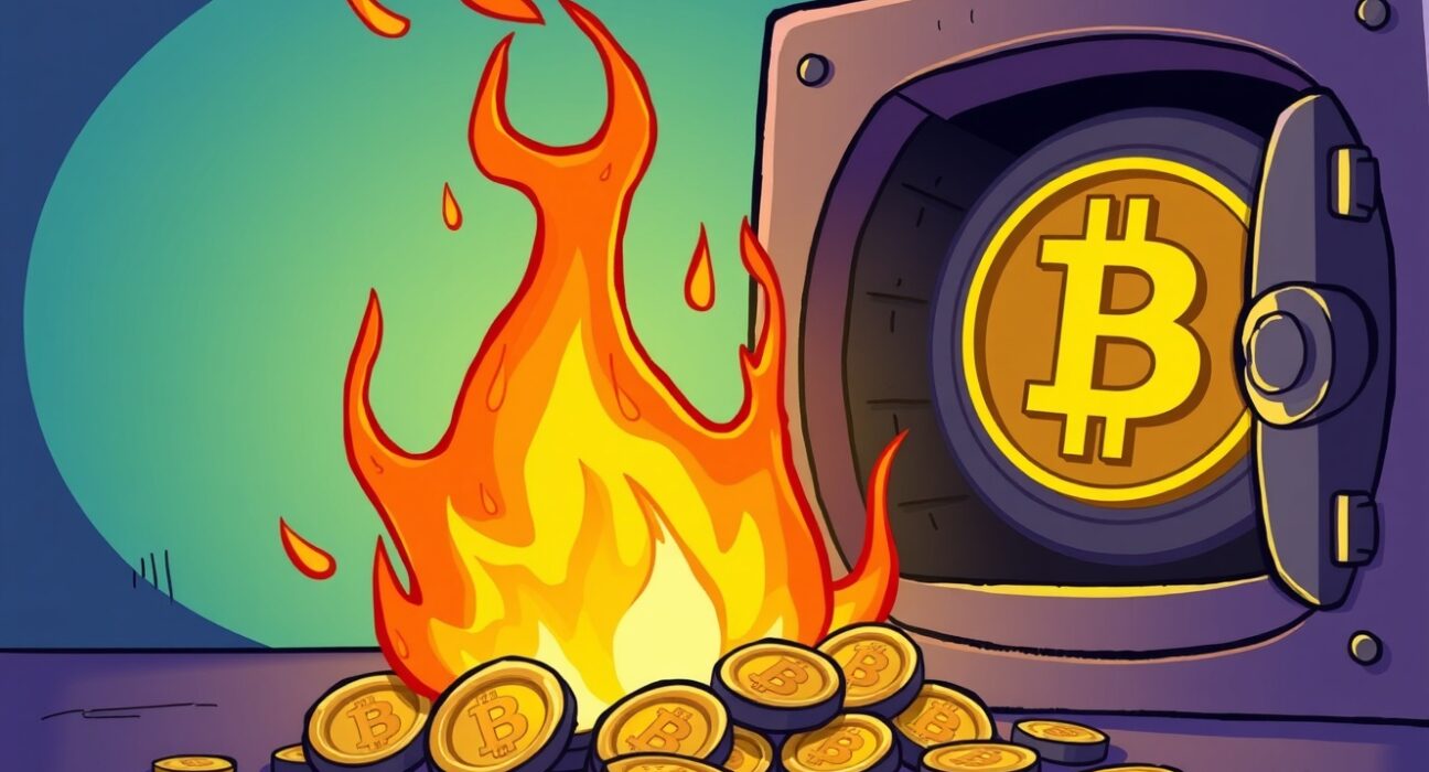 A digital fire burns YU tokens, illustrating the Yala token burn process to secure the protocol after a hack.