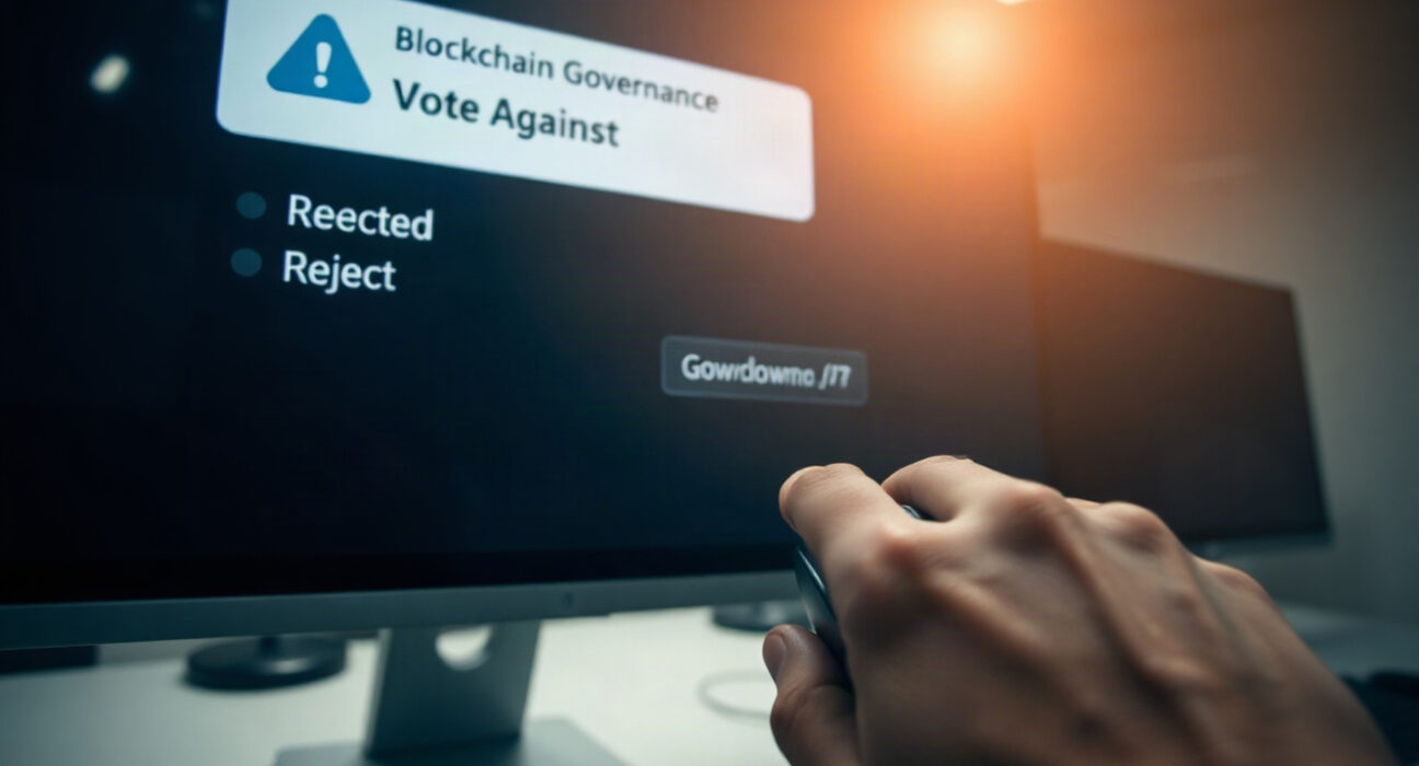 Hand hovering over a vote against button on a blockchain governance interface