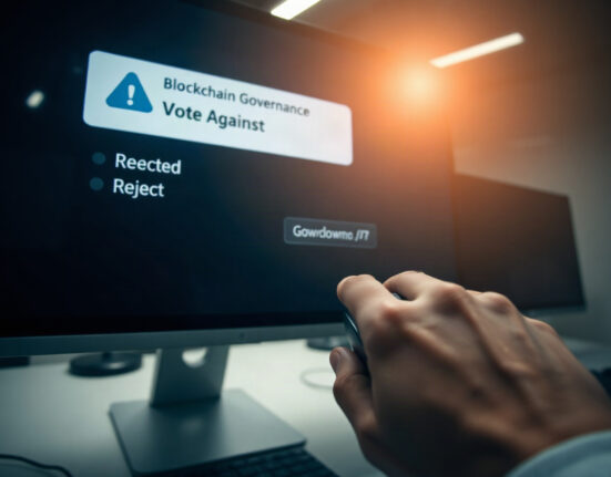 Hand hovering over a vote against button on a blockchain governance interface
