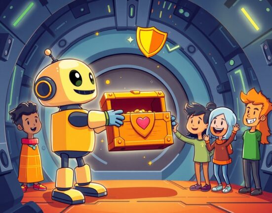 Yearn.finance yETH exploit recovery illustrated as a friendly robot returning funds to users in a digital vault.