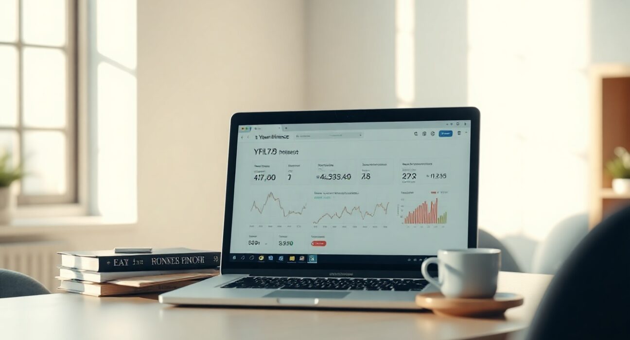 Financial analyst desk with laptop showing Yearn.finance dashboard and charts