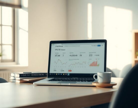 Financial analyst desk with laptop showing Yearn.finance dashboard and charts