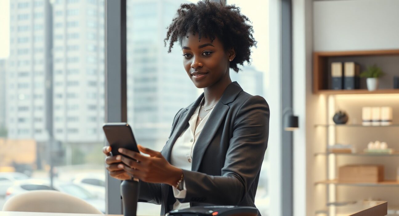 African businesswoman using a smartphone for a contactless payment at a retail counter, representing Yellow Card's stablecoin payment expansion