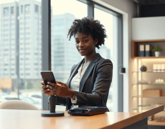 African businesswoman using a smartphone for a contactless payment at a retail counter, representing Yellow Card's stablecoin payment expansion