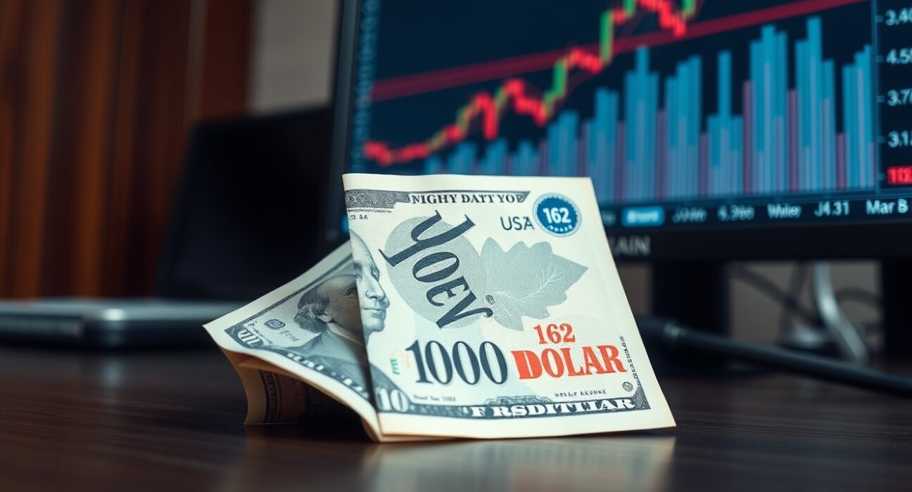 Japanese yen and US dollar banknotes on a desk with a trading chart showing resistance level 162.