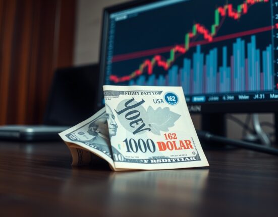 Japanese yen and US dollar banknotes on a desk with a trading chart showing resistance level 162.