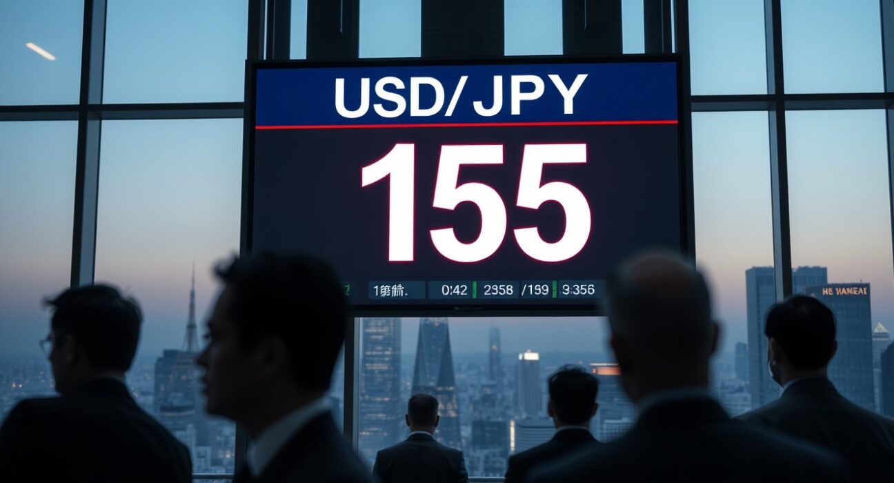 Forex trading board in Tokyo showing USD/JPY at 40-year high with traders in background