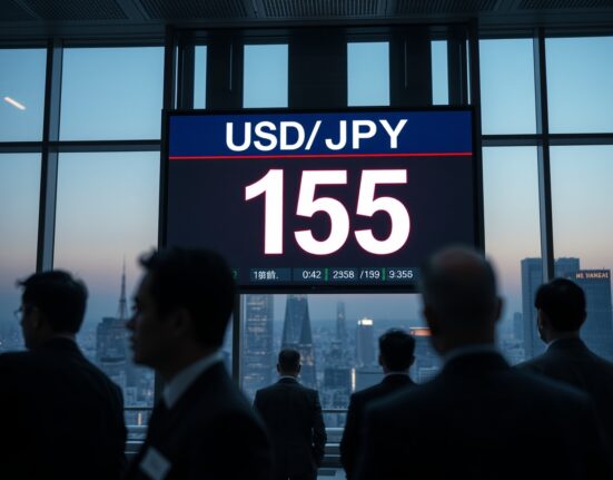 Forex trading board in Tokyo showing USD/JPY at 40-year high with traders in background