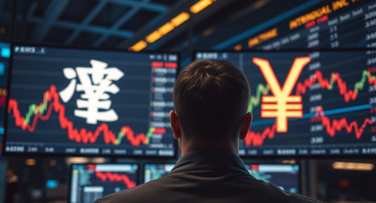 Trading desk monitors display yen and yuan exchange rates with charts showing market volatility.