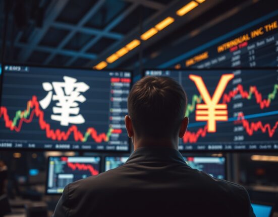 Trading desk monitors display yen and yuan exchange rates with charts showing market volatility.