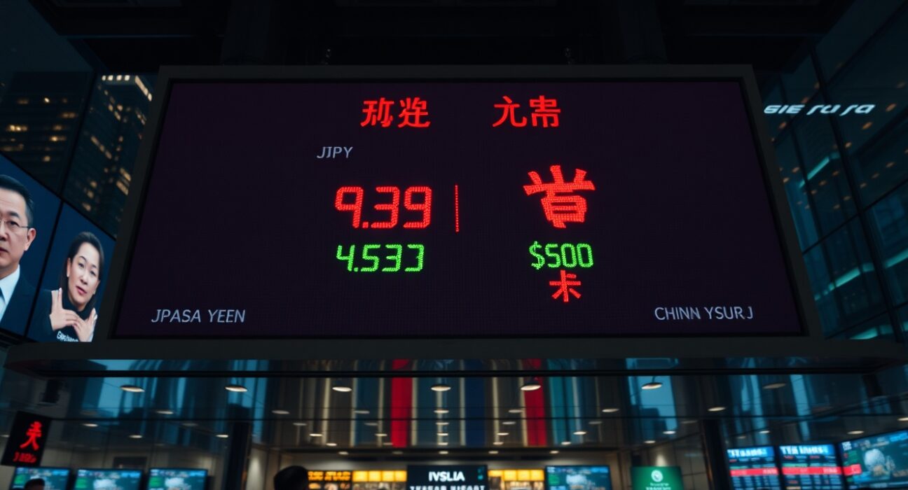 Digital currency exchange board showing Japanese yen and Chinese yuan rates against the US dollar
