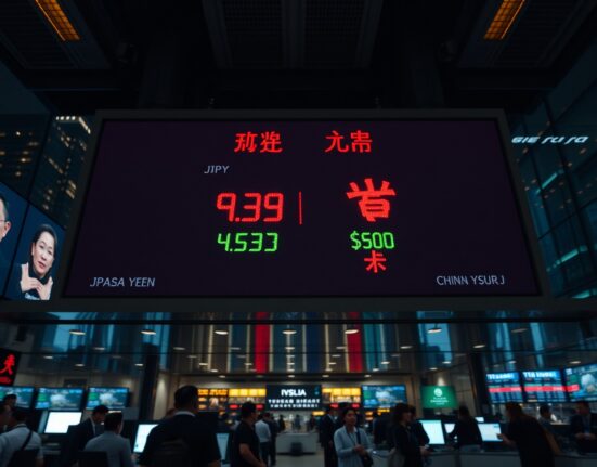 Digital currency exchange board showing Japanese yen and Chinese yuan rates against the US dollar