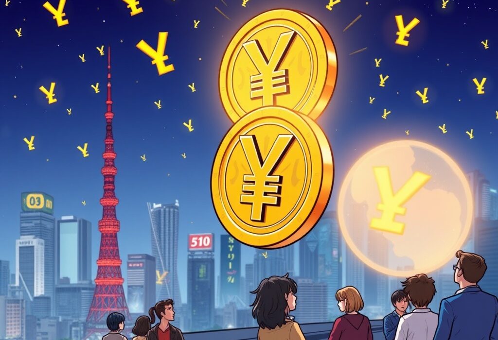 A cartoon image showing a Japanese yen coin transforming into a digital token, symbolizing Japan's approval of a yen-backed stablecoin and its impact on digital finance.