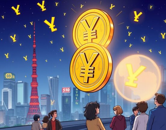 A cartoon image showing a Japanese yen coin transforming into a digital token, symbolizing Japan's approval of a yen-backed stablecoin and its impact on digital finance.