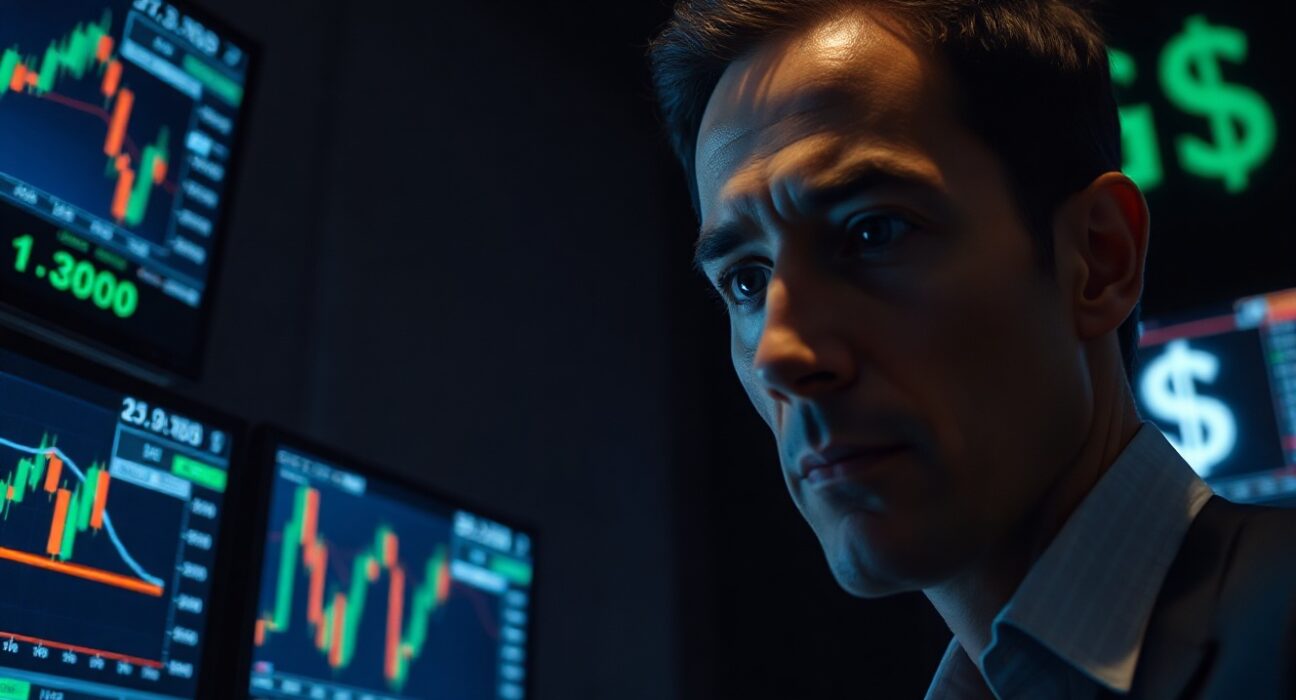 Trader watching yen and dollar forex charts on multiple monitors in a dim trading floor
