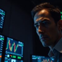 Trader watching yen and dollar forex charts on multiple monitors in a dim trading floor