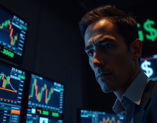 Trader watching yen and dollar forex charts on multiple monitors in a dim trading floor