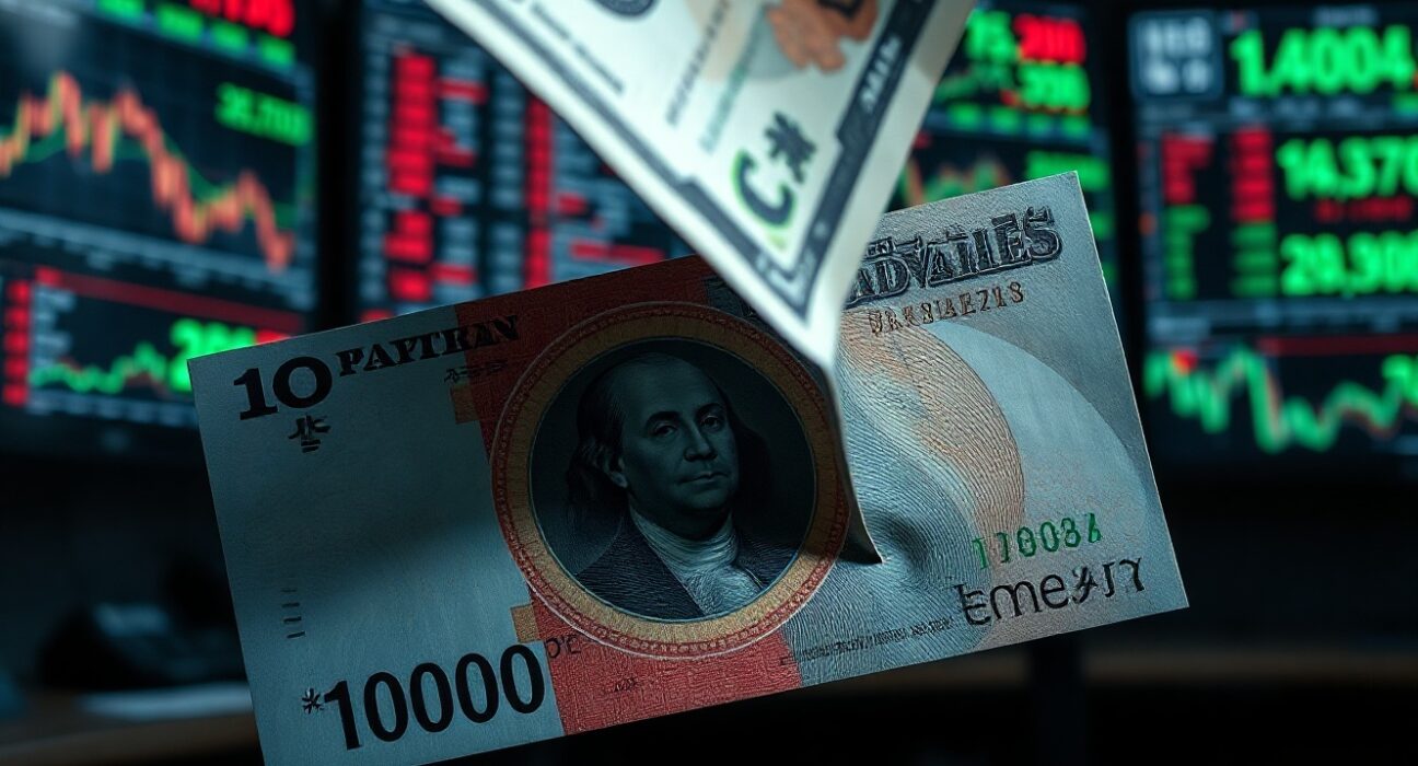 Japanese yen banknote and falling US dollar bill on a trading desk with currency charts on monitors.