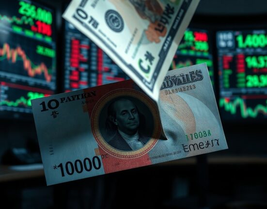 Japanese yen banknote and falling US dollar bill on a trading desk with currency charts on monitors.
