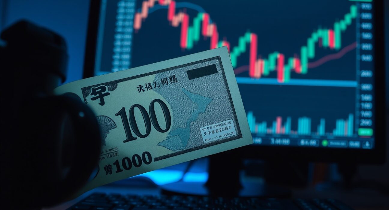 Japanese yen banknote over a forex trading chart, representing carry trade dynamics and intervention uncertainty.